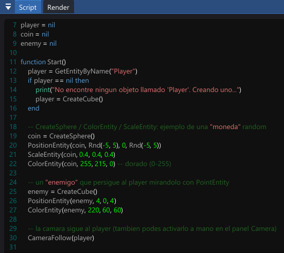 Script editor showing a Lua code example