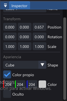 Inspector panel showing Transform and custom color