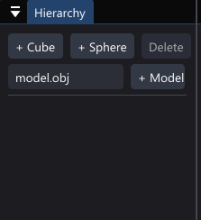 Hierarchy panel with + Cube, + Sphere, Delete, and + Model buttons