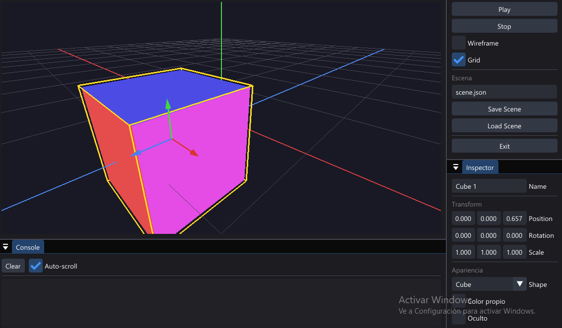 Selected object with axis gizmo and Inspector panel